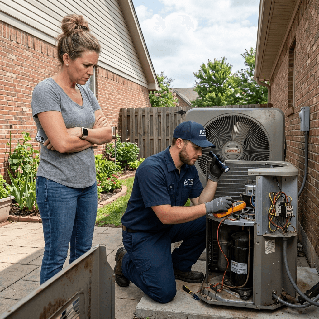A frustrated homeowner looking at an air conditioner while a technician examines it