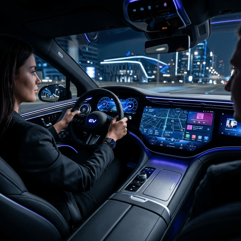 A futuristic software-defined vehicle interior featuring a glowing digital cockpit