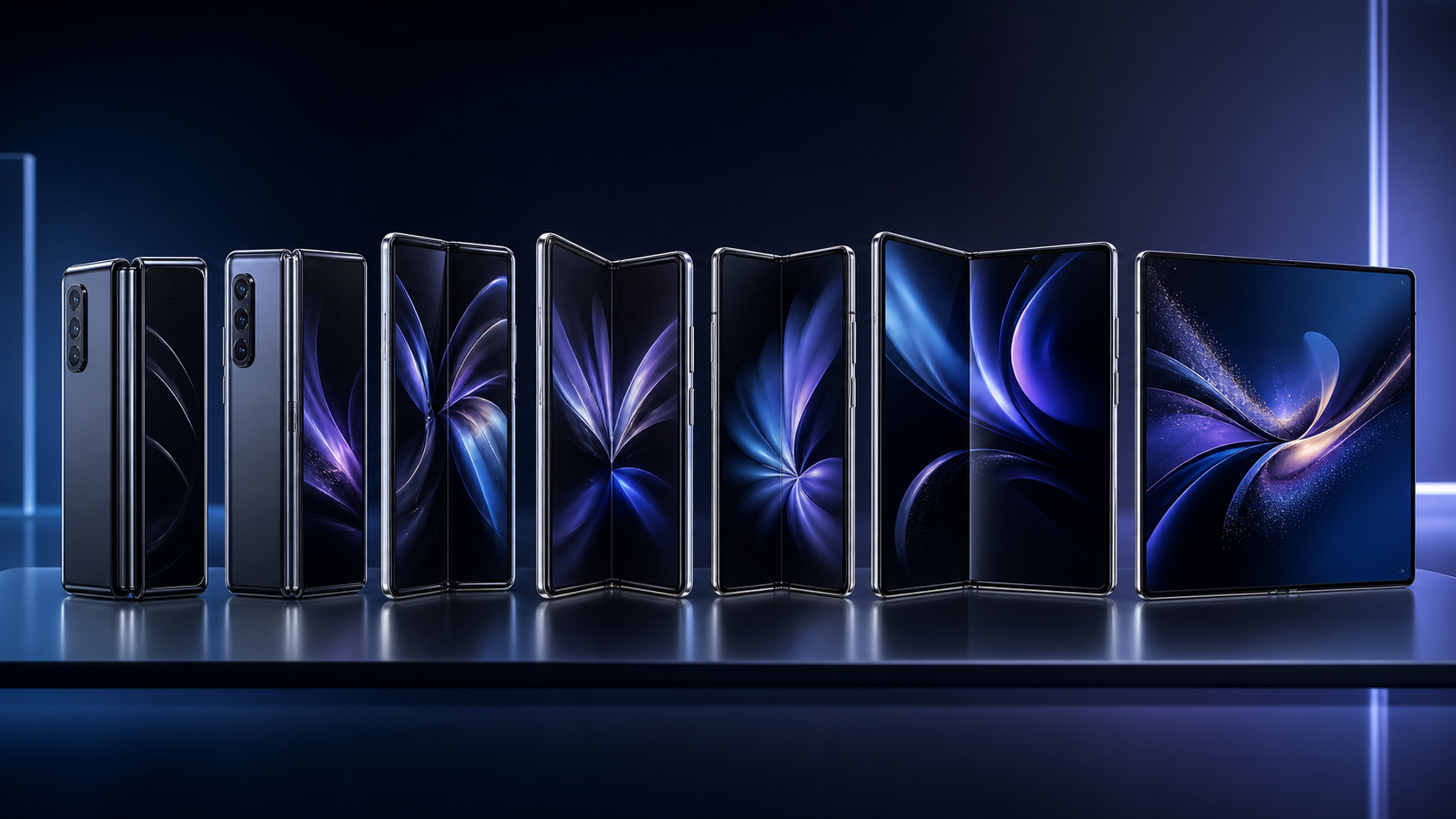A premium lineup of seven foldable smartphones showing the evolution from thick early foldables to an ultra-thin open foldable