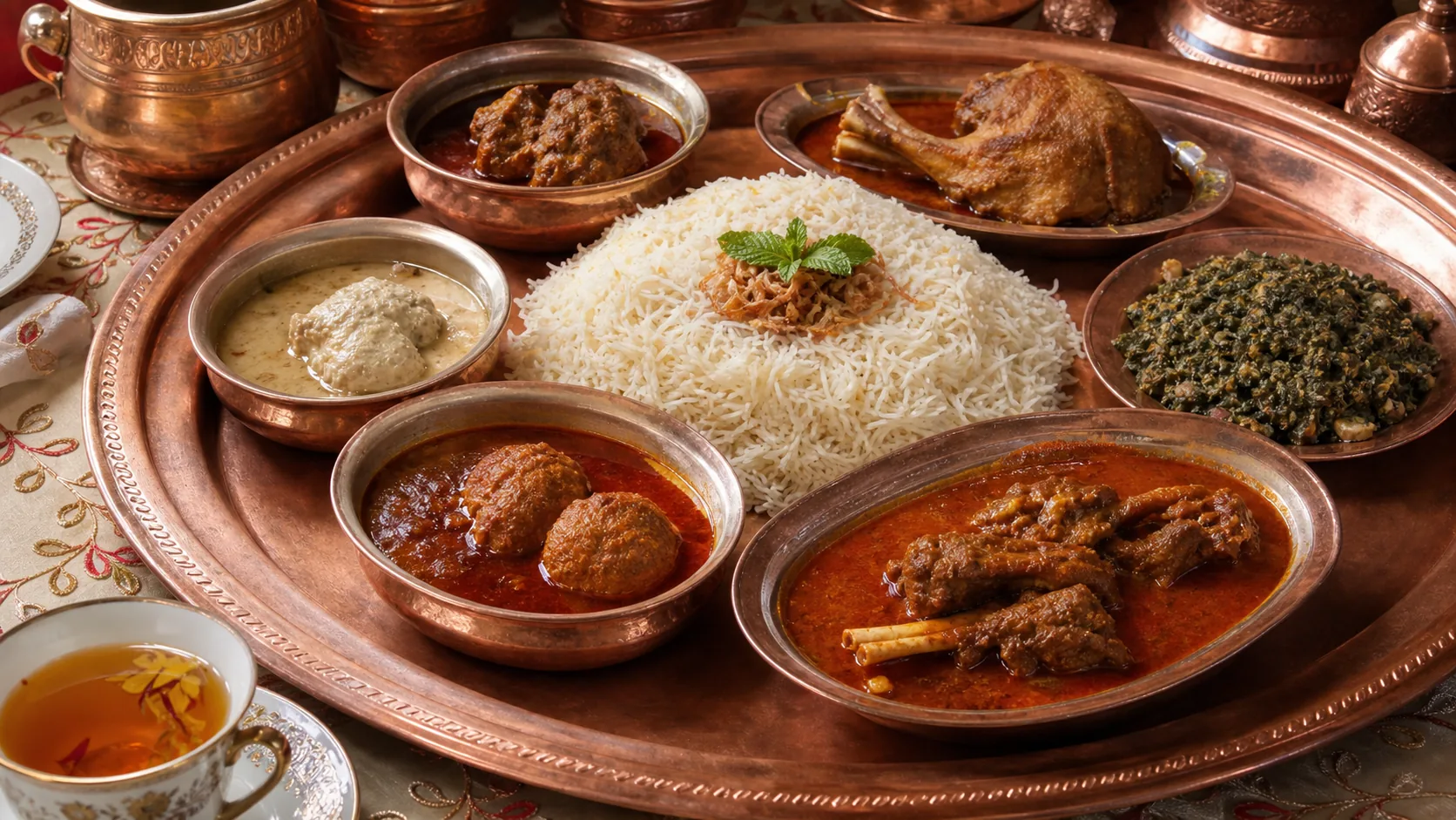 Kashmiri Wazwan Guide: Rogan Josh, Rista, Gushtaba, Tabak Maaz, Haak, Kahwa, and Etiquette