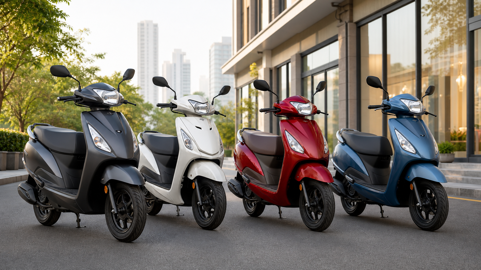 A lineup of practical commuter scooters on a modern Indian city street