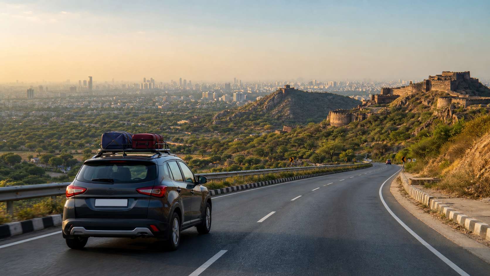 A road trip car leaving a hazy NCR skyline toward green hills and old fort ruins
