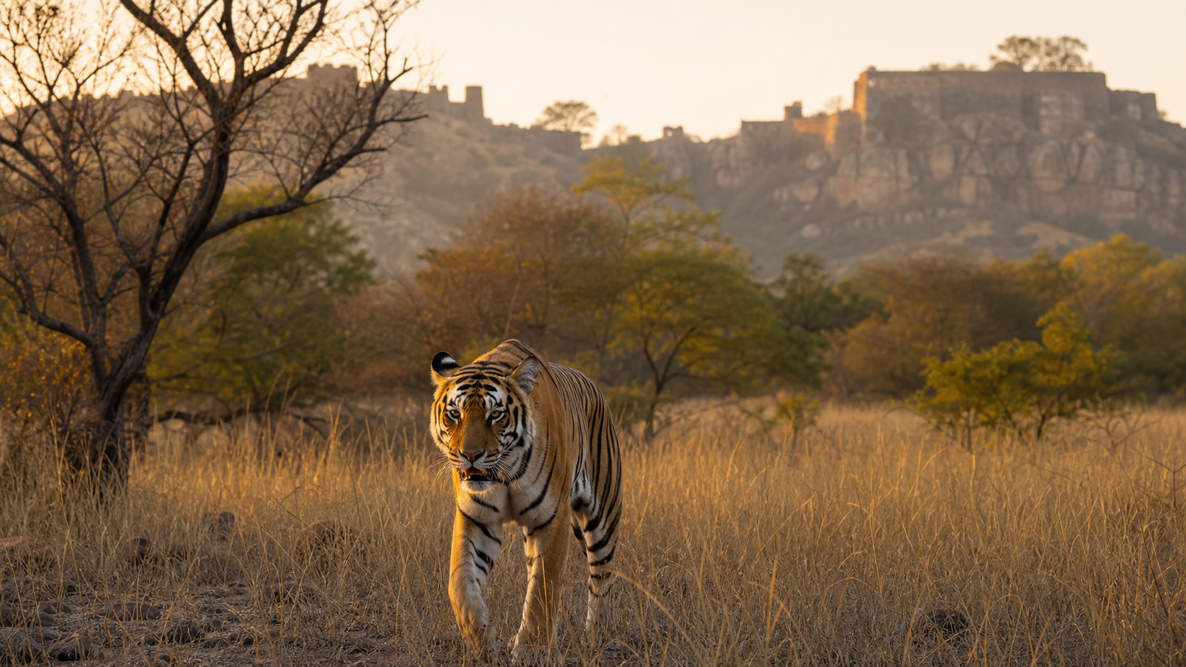 A Bengal tiger walking through golden Ranthambore grassland with fort ruins in the distance