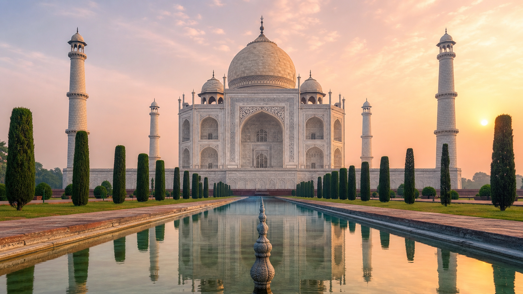 The Taj Mahal at sunrise reflected in the long garden pool in Agra