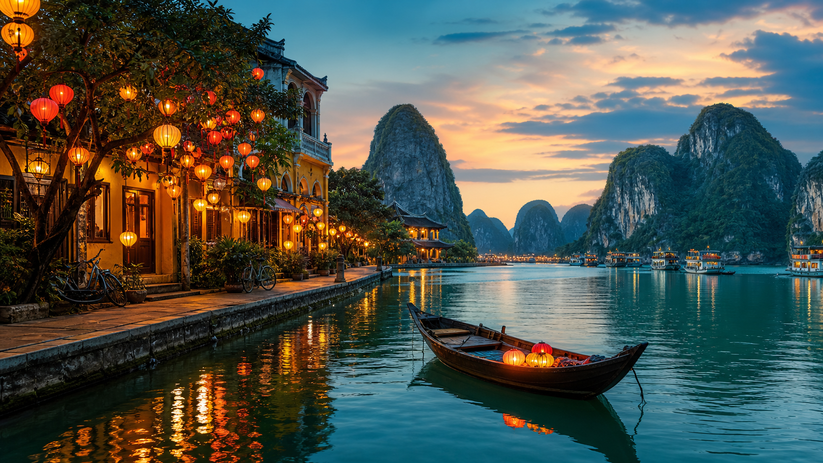 A Vietnam travel scene with lanterns, emerald water, limestone karsts, and a small boat at twilight