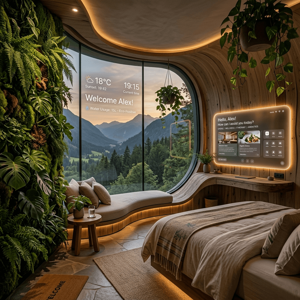 A futuristic hyper-personalized eco-hotel room interior with smart glass windows, lush indoor greenery, and state-of-the-art AI concierge interface.