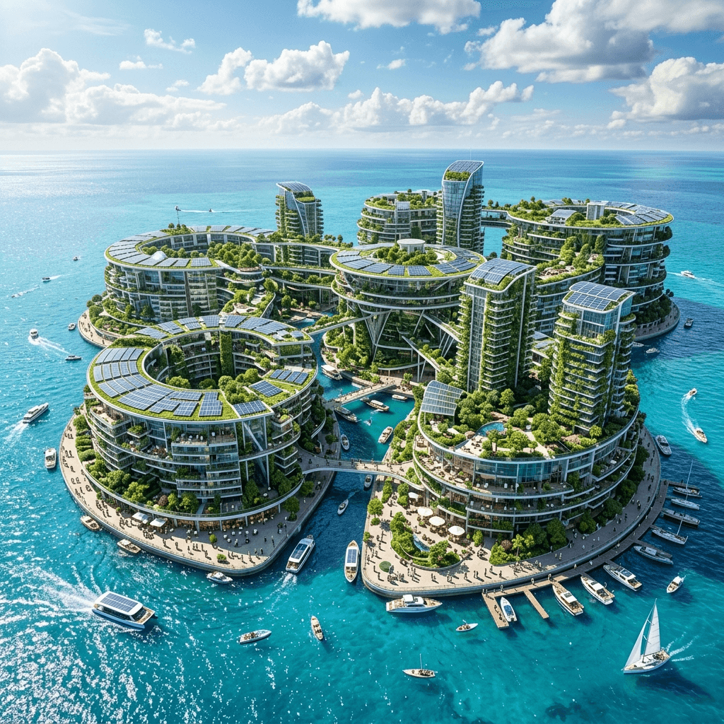 Futuristic sustainable floating city on the ocean