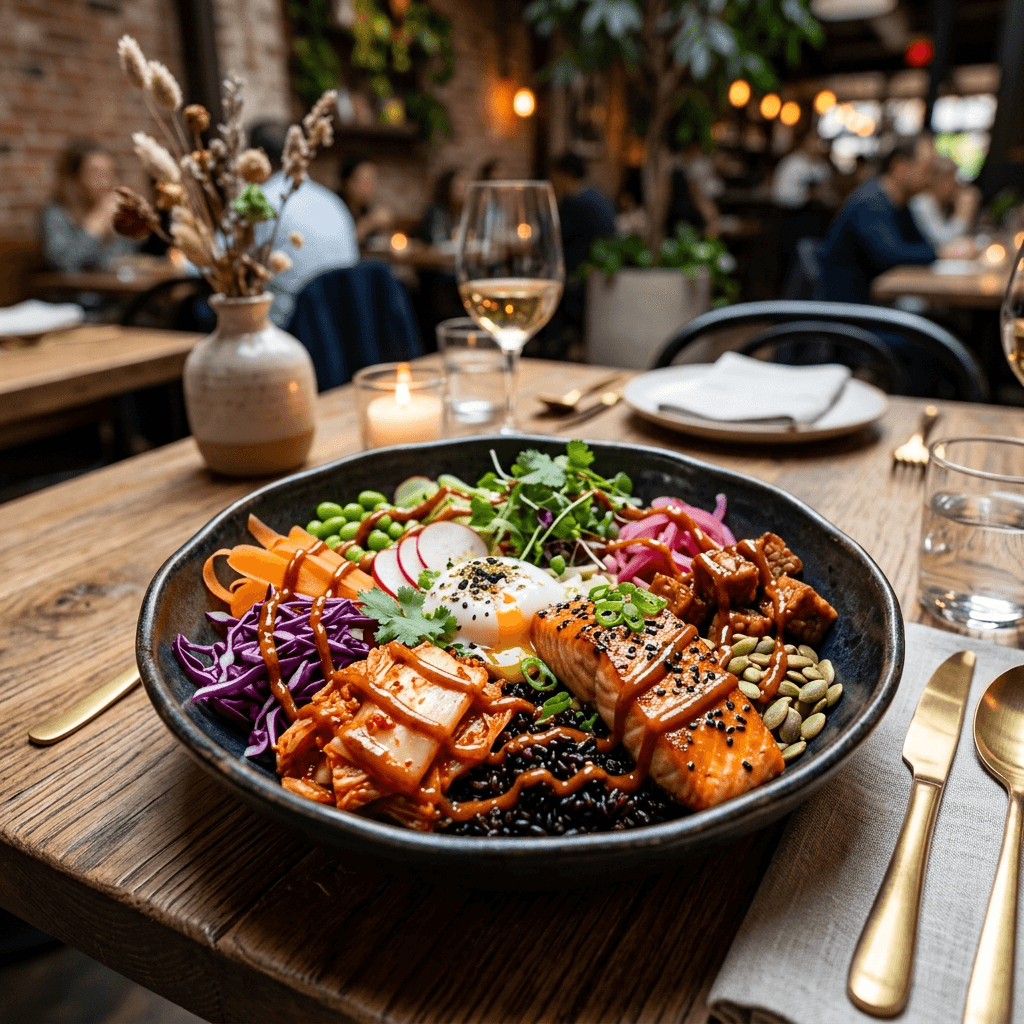 A modern, high-end restaurant dish showcasing a vibrant, gut-healthy meal